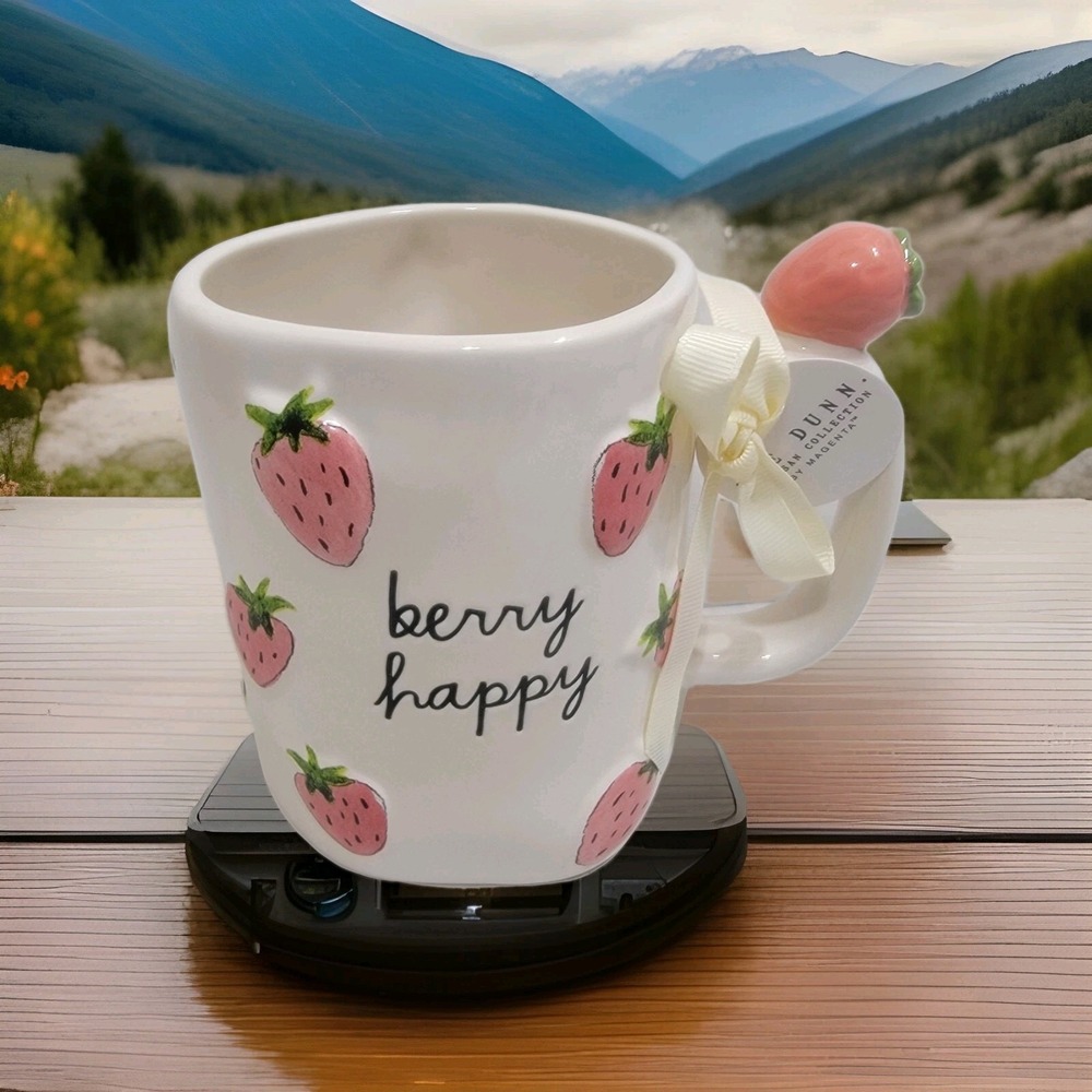 NEW! Rae Dunn Pink Strawberry BERRY HAPPY Mug With Strawberry On Handle Summer